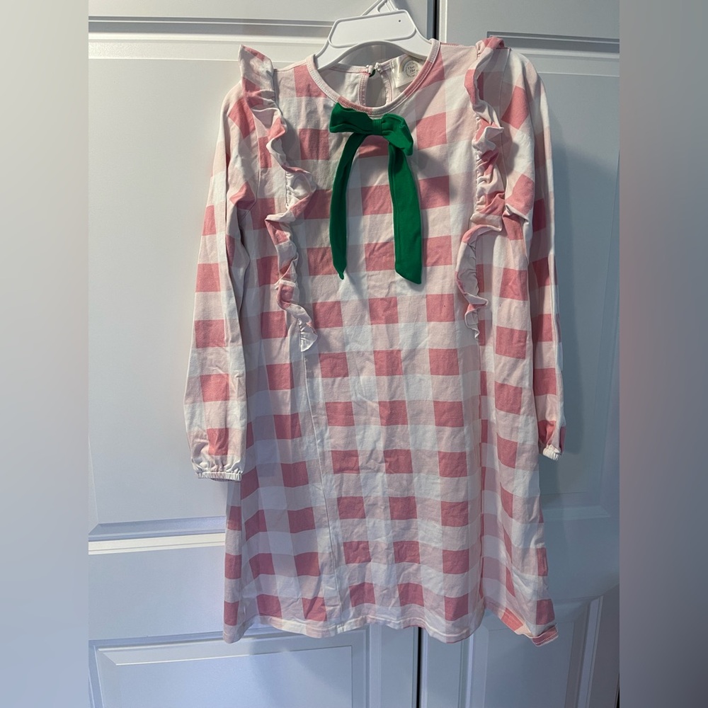 Olive Mae Pink and White Checkered Kids Pajamas with Green Bow